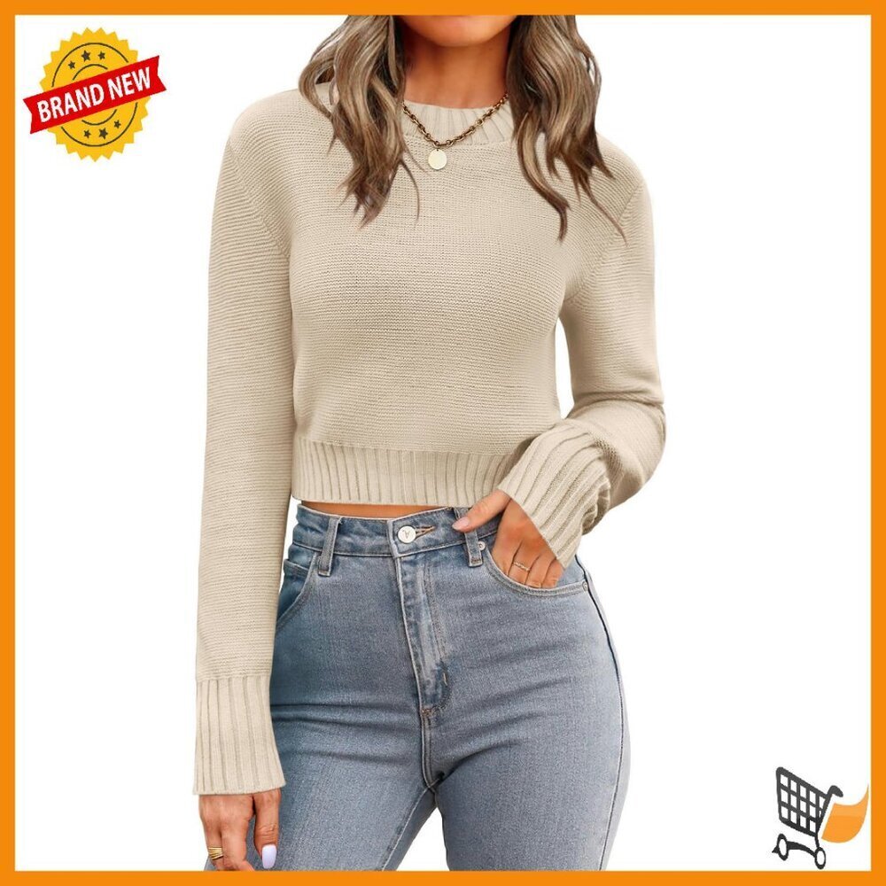 Cropped Crewneck Sweater Ribbed Knit Pullover Long Sleeve Women's Top